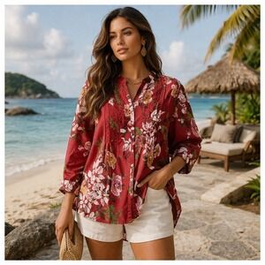 Sz 18, XL Lightweight, 100% Cotton, Breathable, Red Henley Top, Resort, Summer